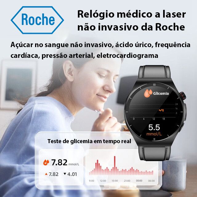 O Roche Laser Therapy Watch monitoriza o ritmo cardíaco/pressão arterial/açúcar no sangue